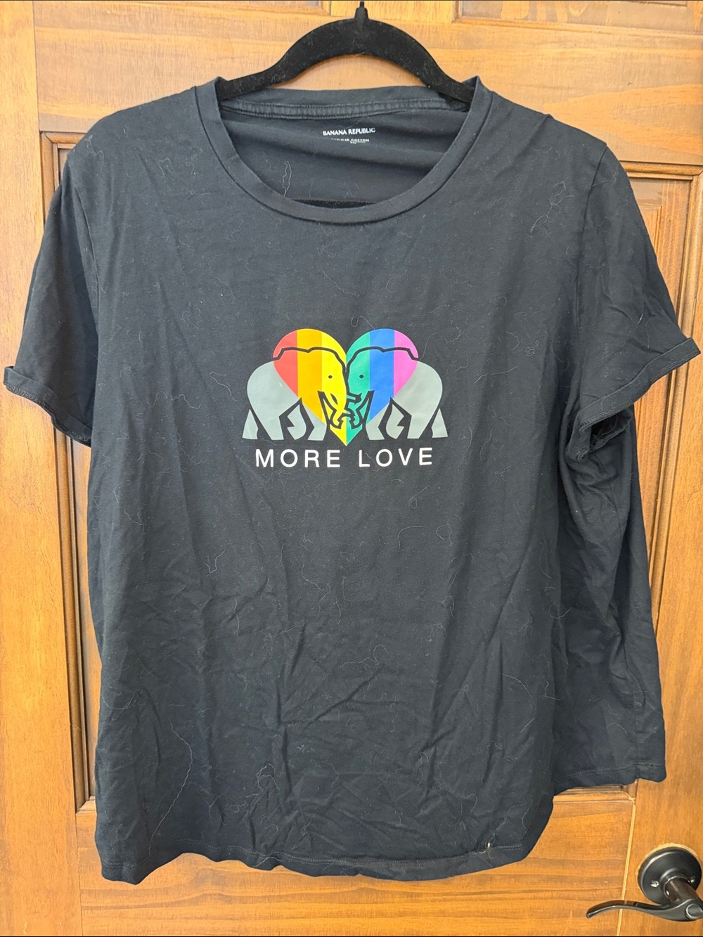 Banana Republic Black Tee with Rainbow Heart Elephant Graphic